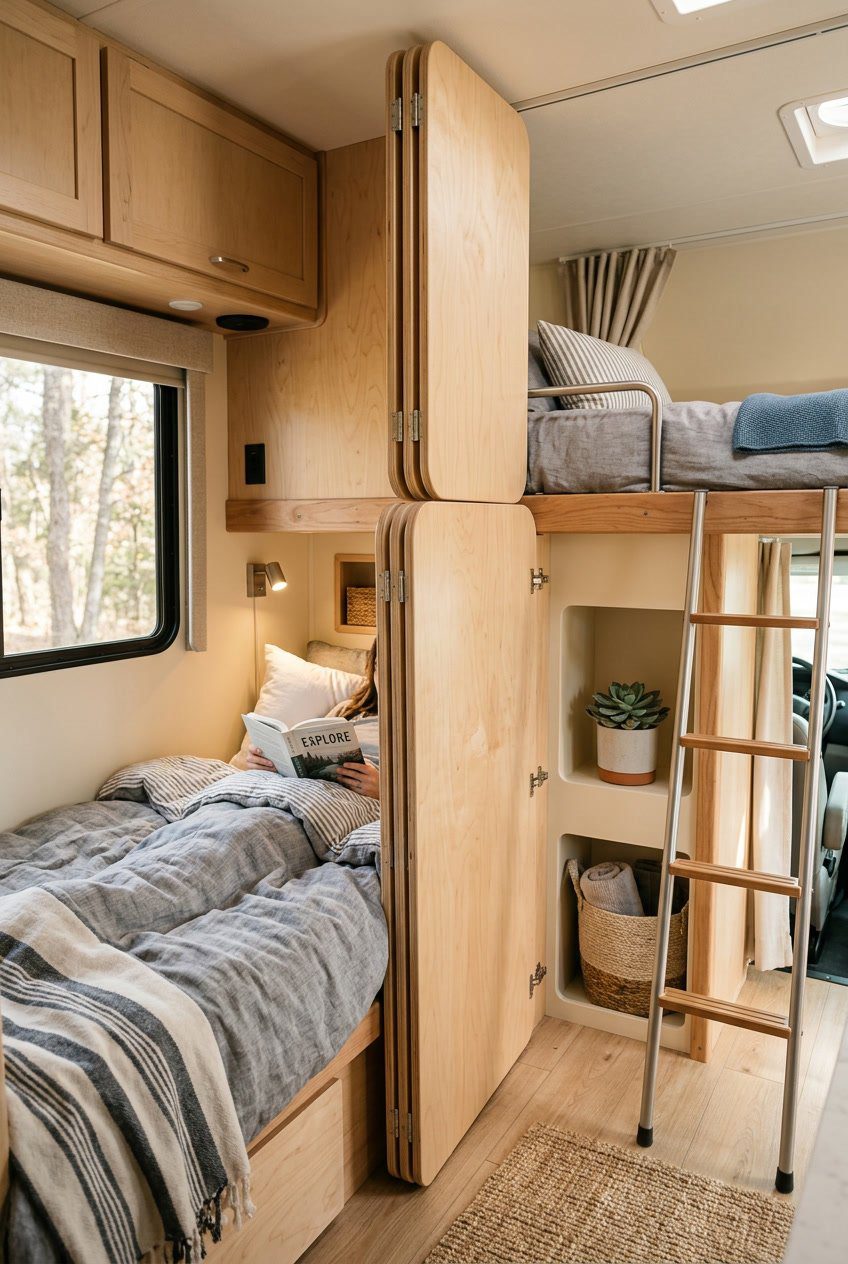 Interior of an RV with two bunk beds separated by a folding plywood partition with soft edges.