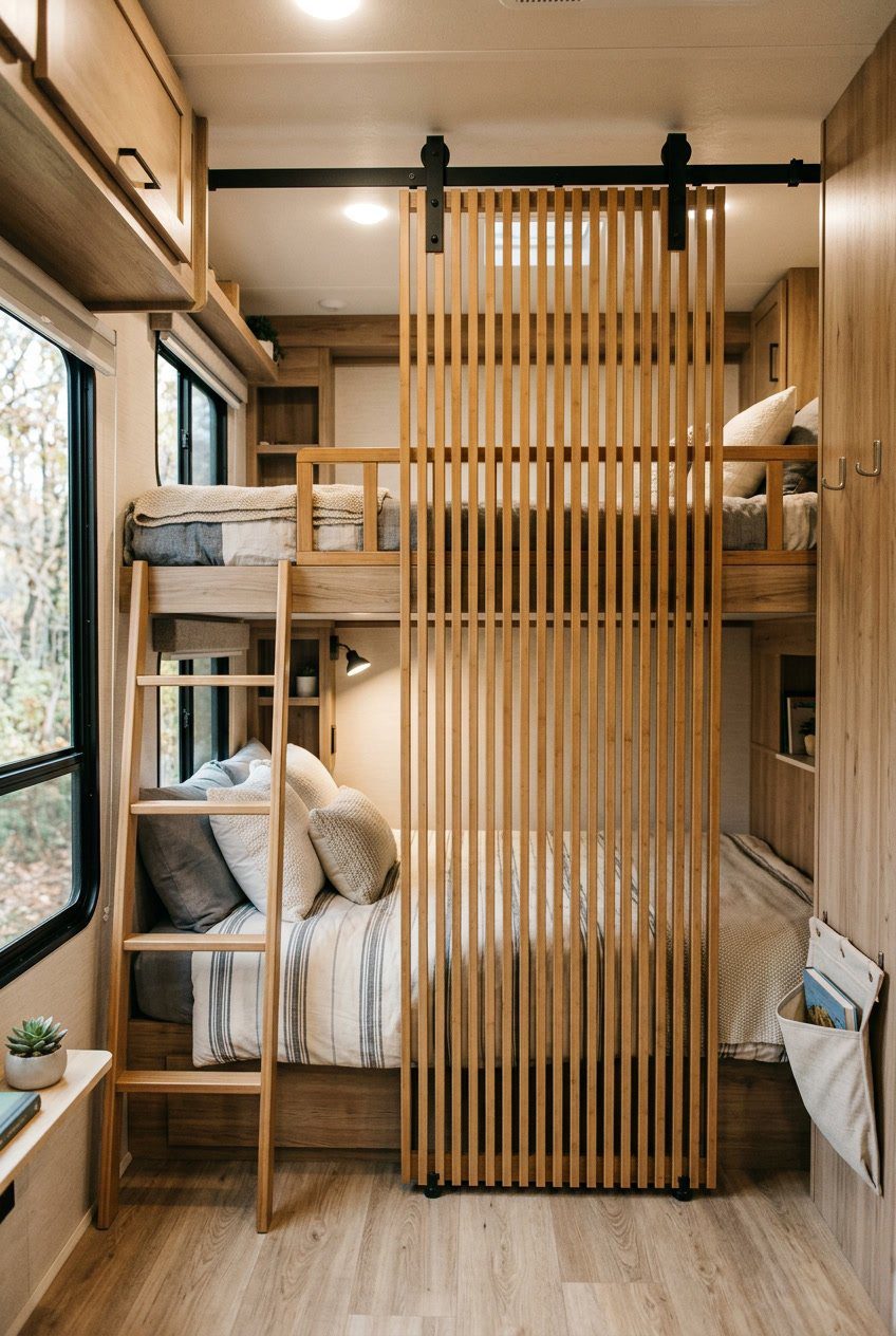 Interior of an RV showing bunk beds separated by a bamboo slat sliding divider for privacy.