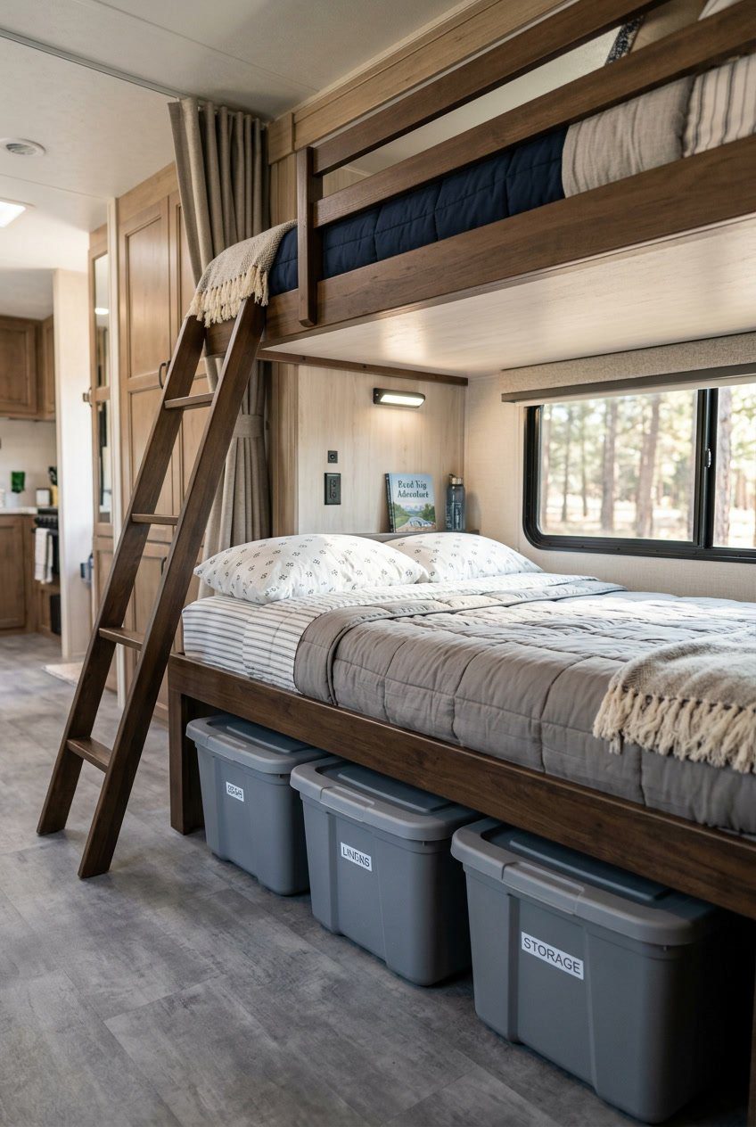 Interior of an RV showing bunk beds with storage bins placed underneath acting as foot barriers to separate the sleeping spaces.