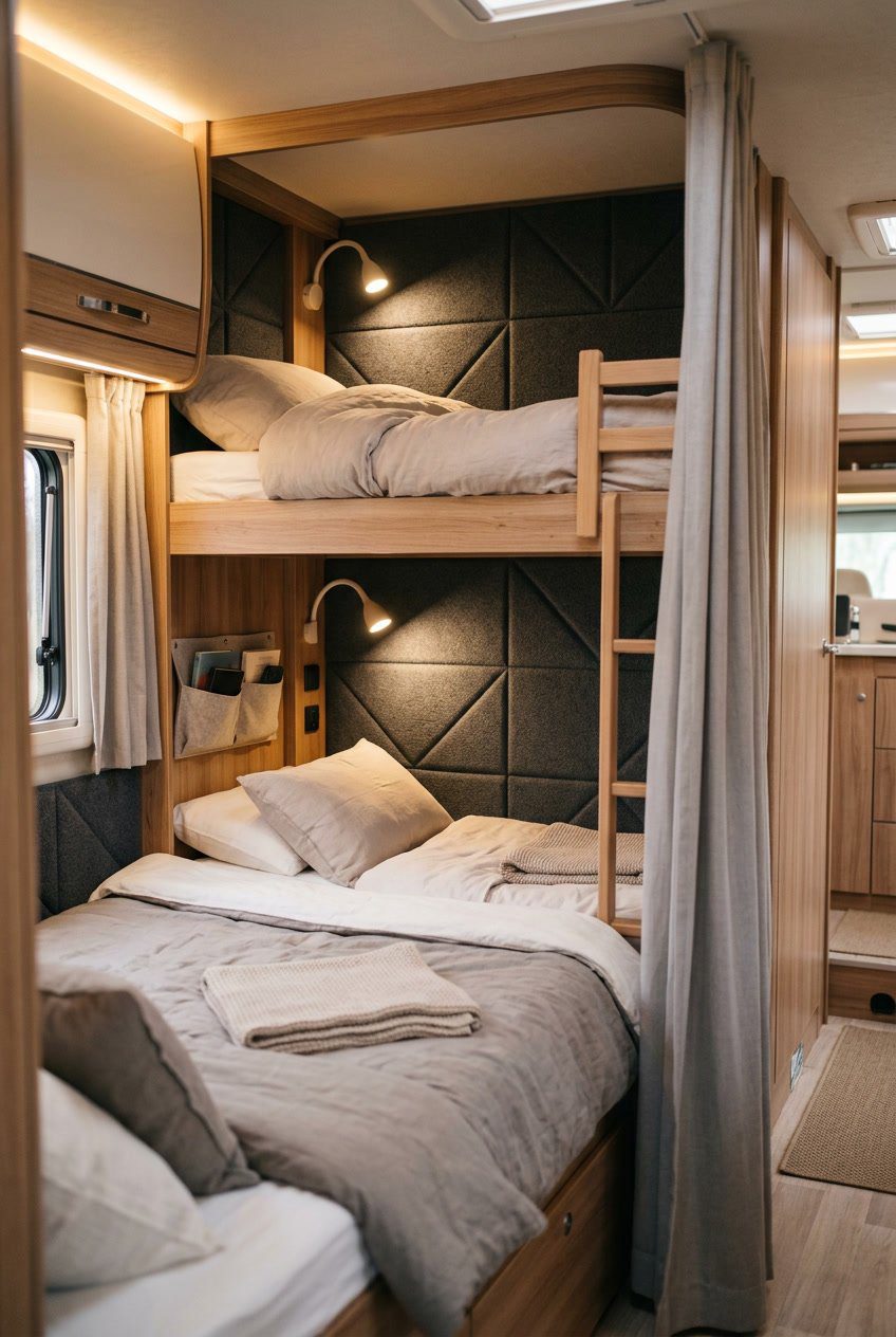 Compact RV bunk bed area with noise-dampening foam panels on the walls behind the beds, featuring neatly made beds and warm lighting.