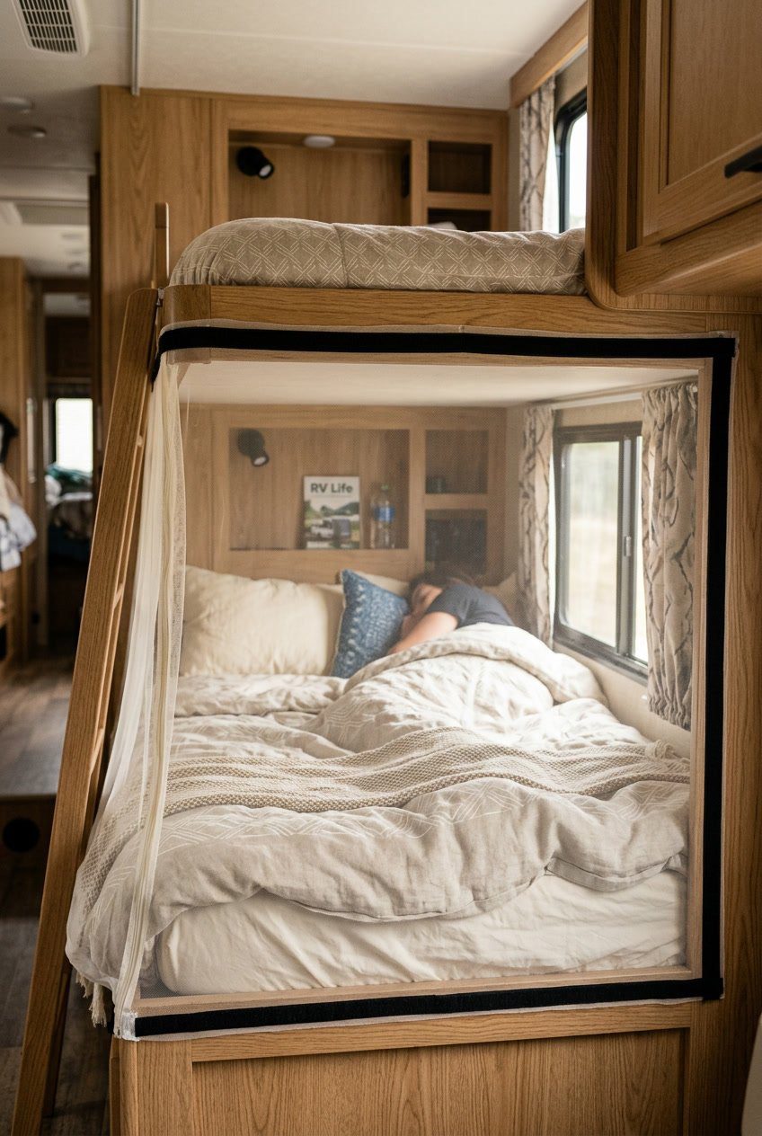 Interior of an RV showing a bunk bed with Velcro-attached mosquito netting creating a private sleeping area.