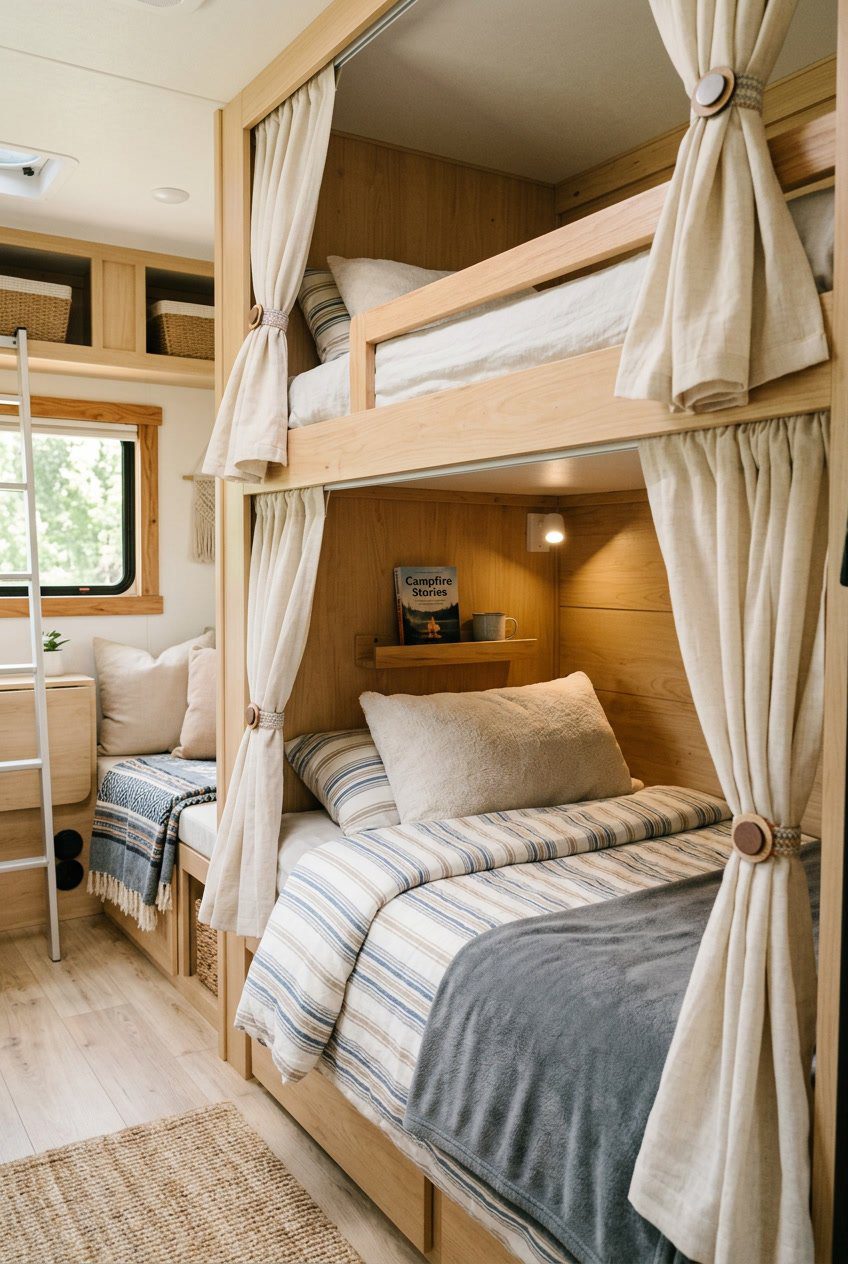 Interior of an RV bunk bed area with curtains held open by magnetic tiebacks, showing a shared sleeping space with bunk beds and natural light.