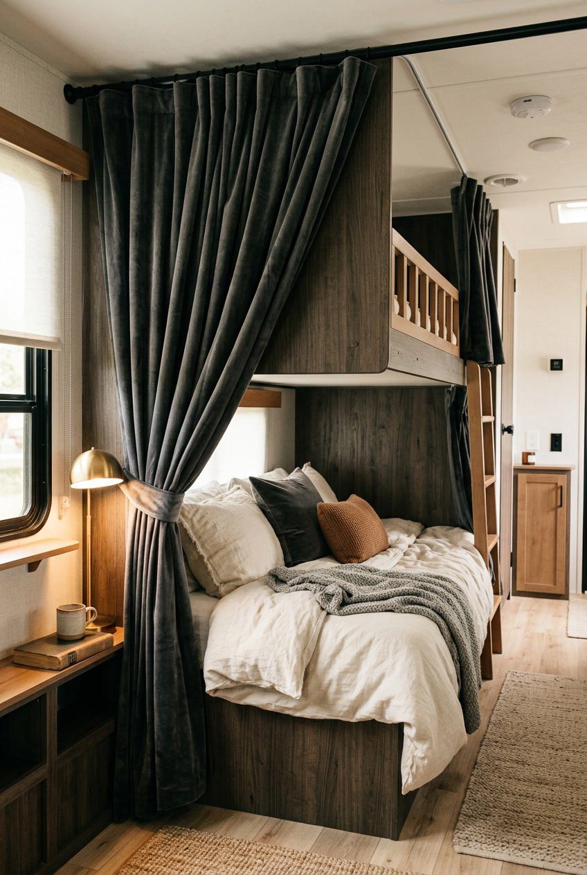 Interior of an RV showing a bunk bed area with plush curtains partially closed to create a private sleeping space.