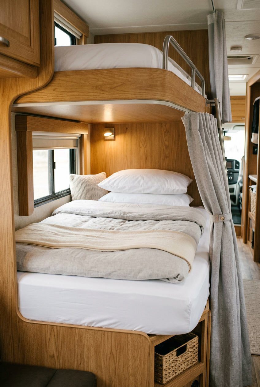 A neatly made RV bunk bed with a smooth mattress topper and privacy curtains in a compact sleeping area.