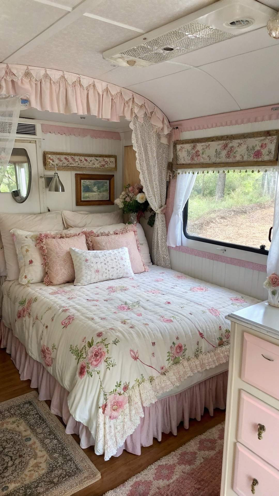 Vintage floral bedding in shabby chic camper bedroom