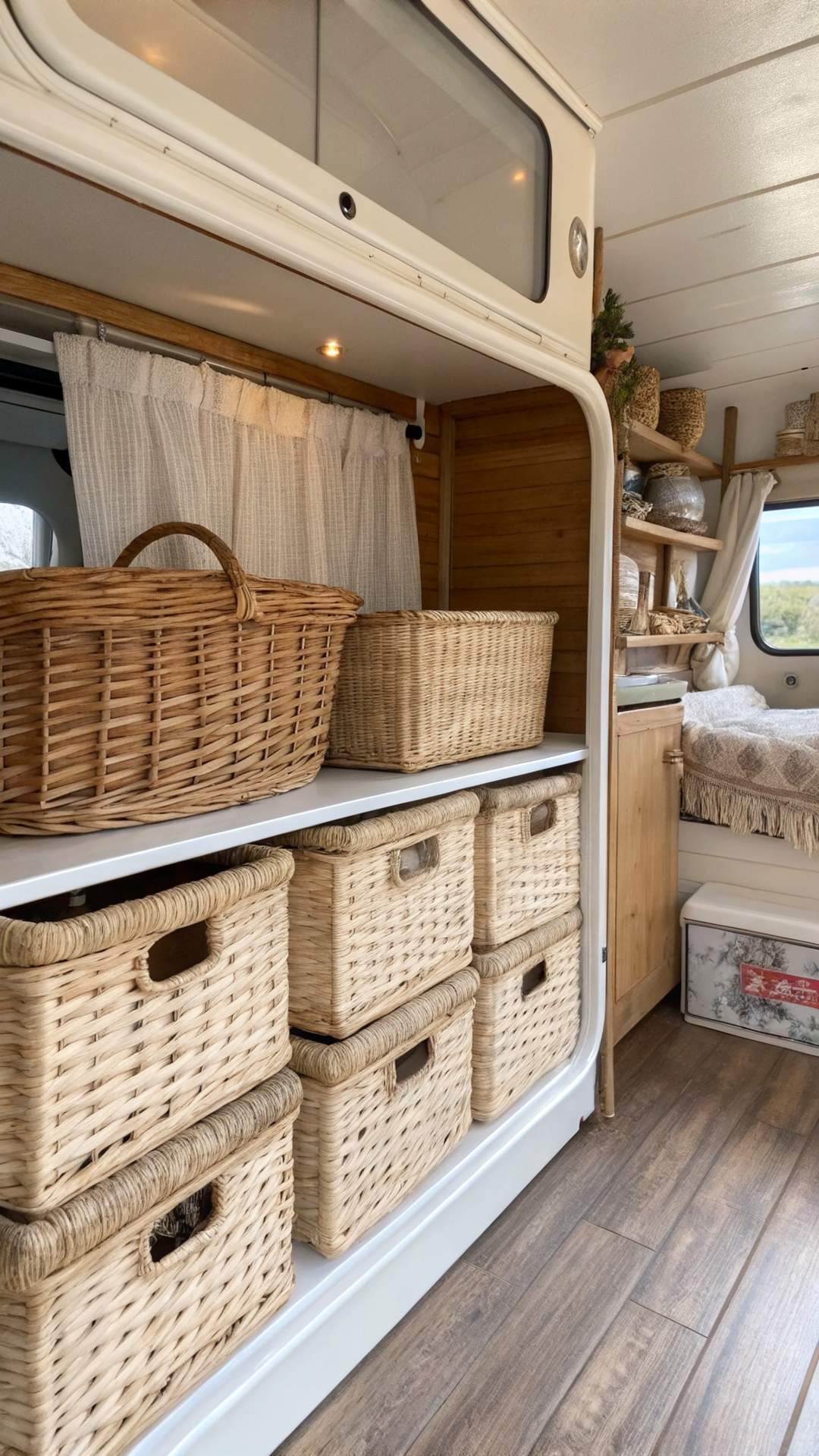 Wicker storage baskets in shabby chic camper