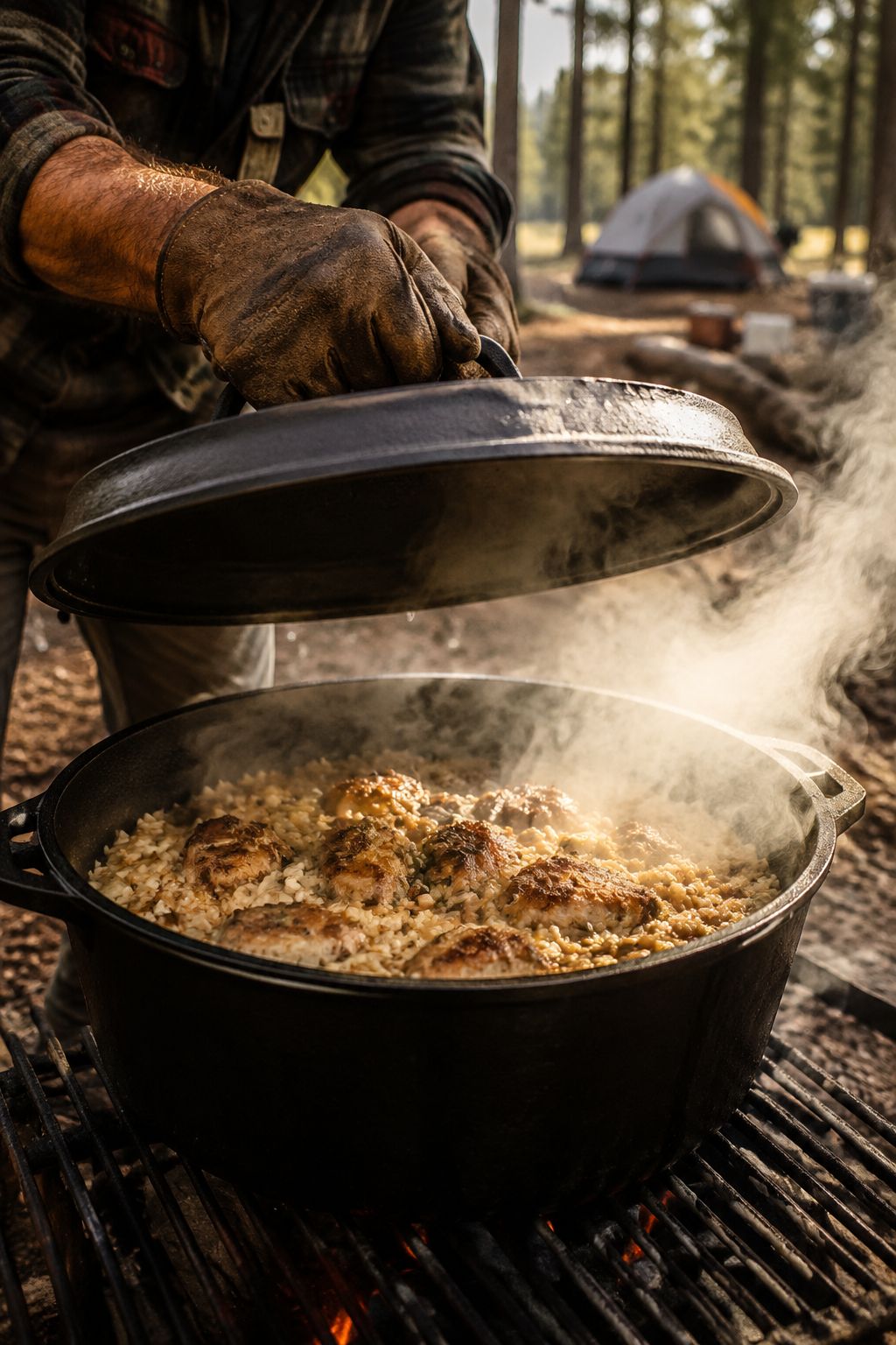 Portrait/Pinterest format () action shot of a camper lifting the lid of a Dutch oven with leather gloves revealing a