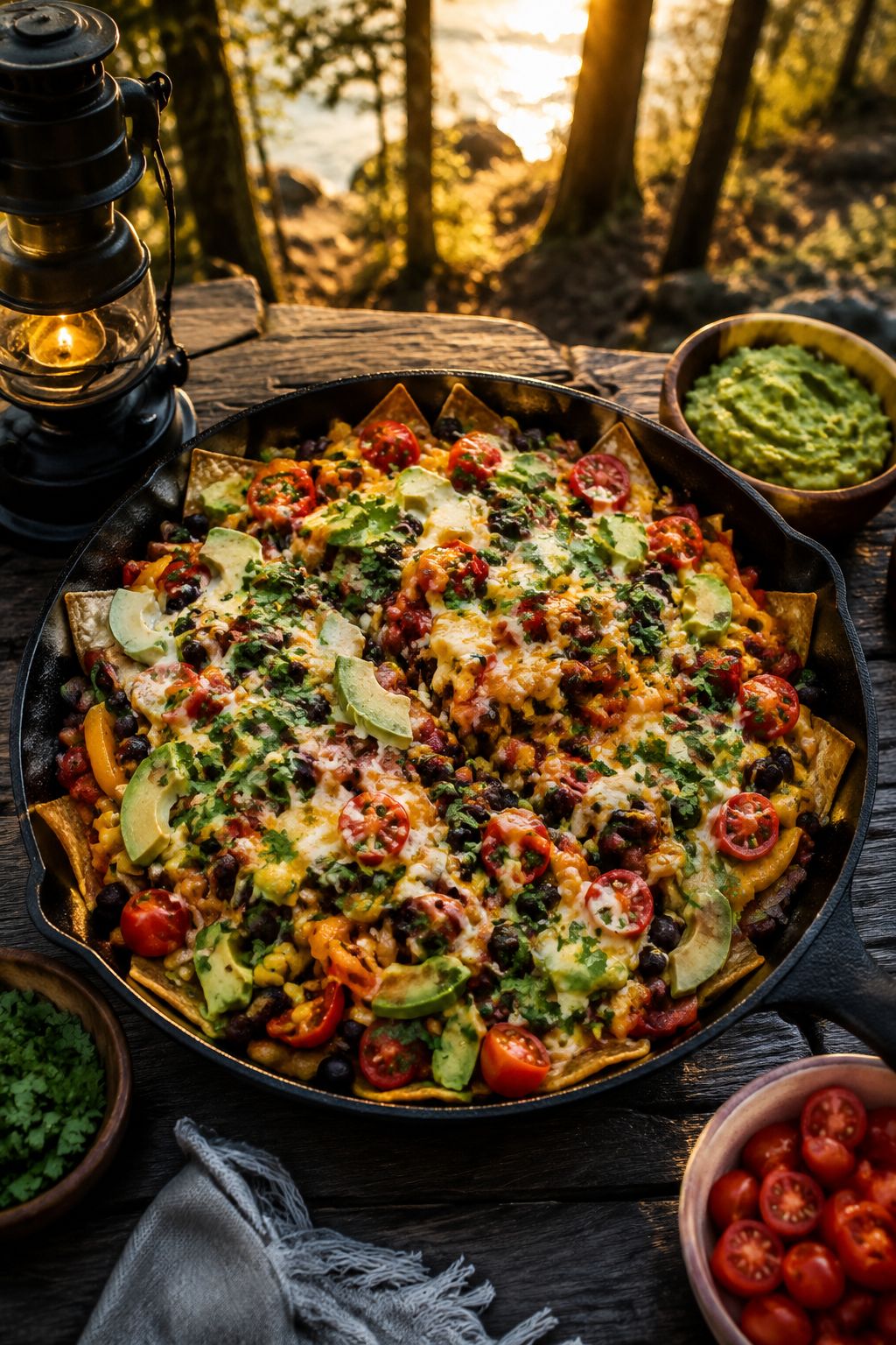 Portrait/Pinterest format () bird's-eye view of a colorful vegetarian campfire nachos spread in a large cast iron pan on a
