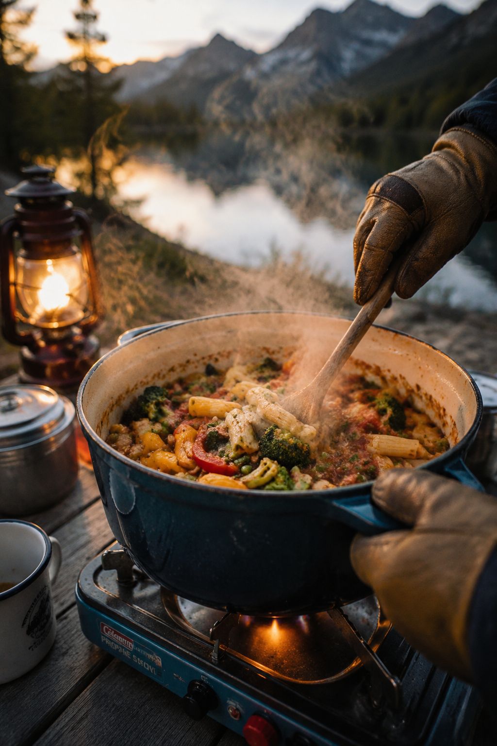Portrait/Pinterest format () close-up action shot from a 45-degree angle of a gloved camper's hands stirring a rich,