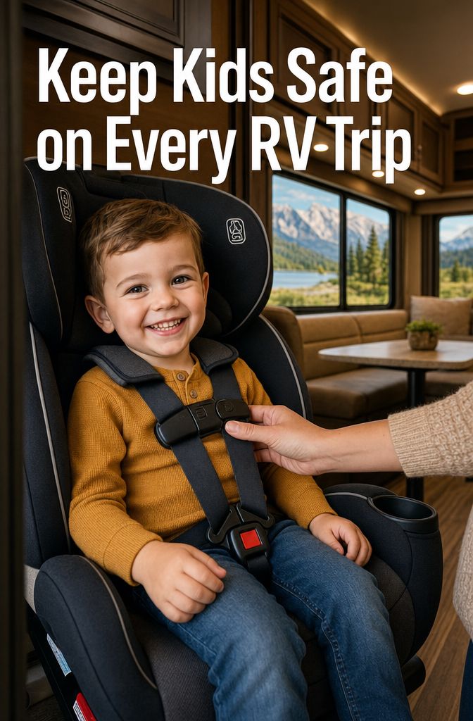 Portrait/Pinterest format () close-up editorial photo of a smiling young child securely buckled into a proper car seat