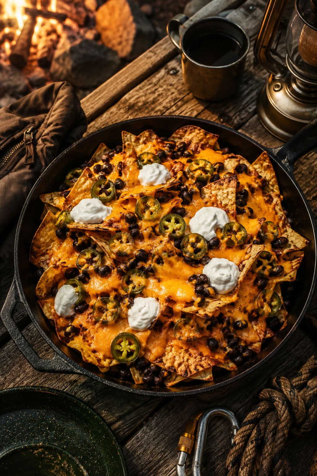 Portrait/Pinterest format () close-up overhead flat-lay of classic campfire nachos in a cast iron skillet on a rustic wooden