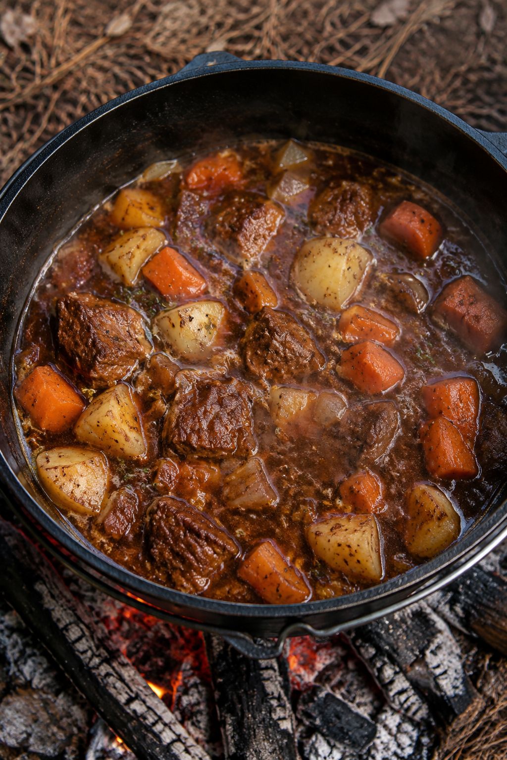 Portrait/Pinterest format () close-up overhead shot of a bubbling beef stew inside a cast iron Dutch oven resting on