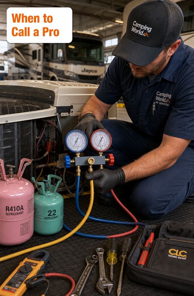 Portrait/Pinterest format () close-up scene of an RV technician in uniform kneeling beside a rooftop AC unit removed from an