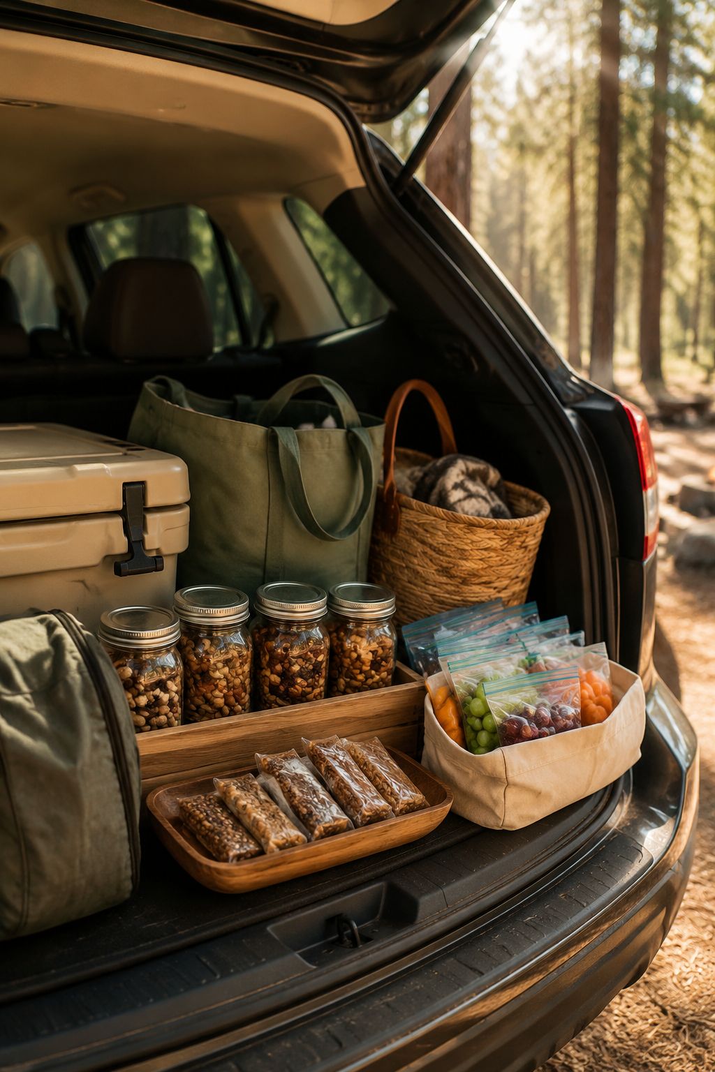 Portrait/Pinterest format () close-up shot of a car trunk packed with a cooler, reusable bags, and neatly organized snack