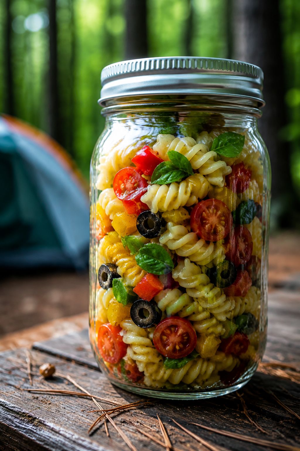 Portrait/Pinterest format () close-up side angle of a vibrant mason jar pasta salad with rotini pasta, cherry tomatoes,