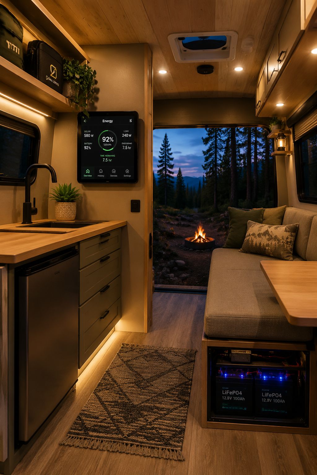 Portrait/Pinterest format () depicting a cozy RV interior at dusk, wide-angle view showing a compact kitchen with