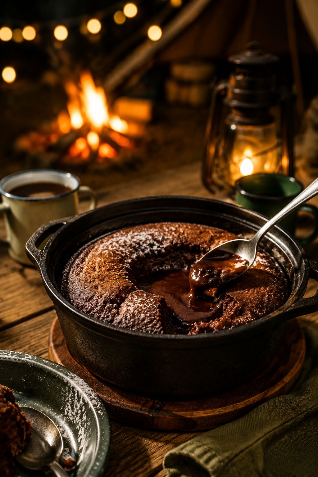 Portrait/Pinterest format () dessert-focused shot of a Dutch oven chocolate lava cake being served at a campsite, spoon