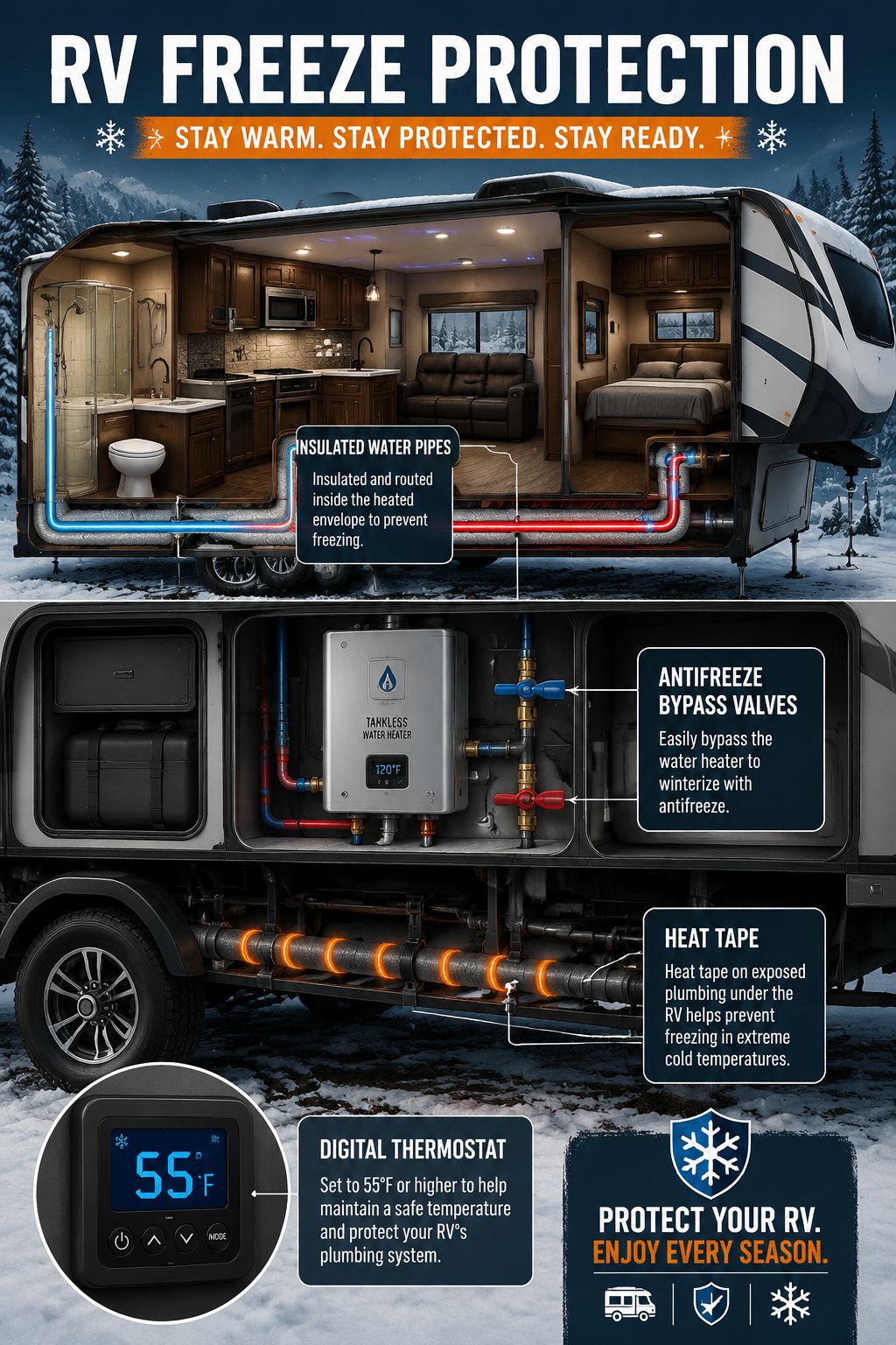 Portrait/Pinterest format () detailed illustration showing a full-service RV interior cross-section diagram with freeze