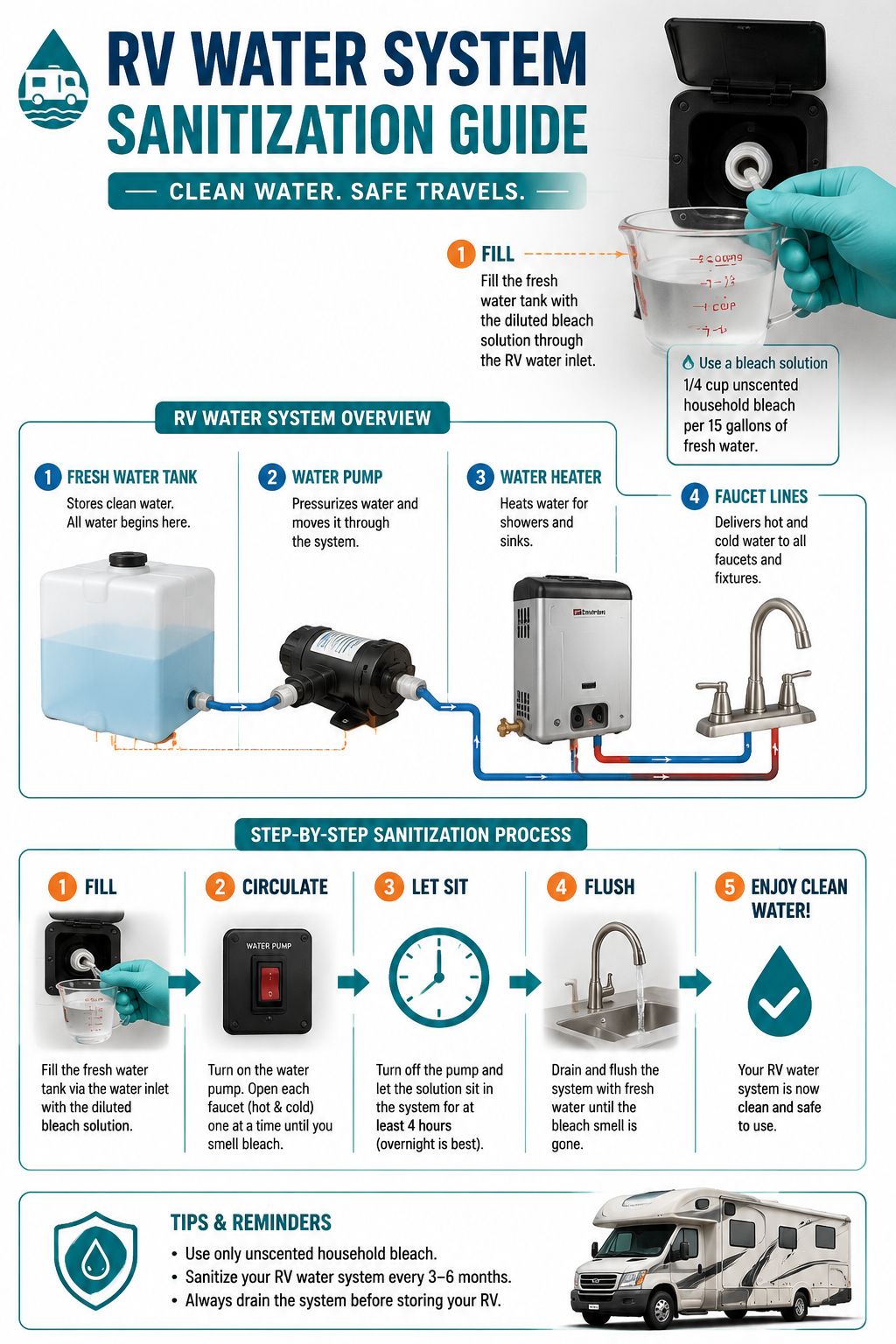 Portrait/Pinterest format () detailed illustration showing an RV water system diagram with labeled components: fresh water