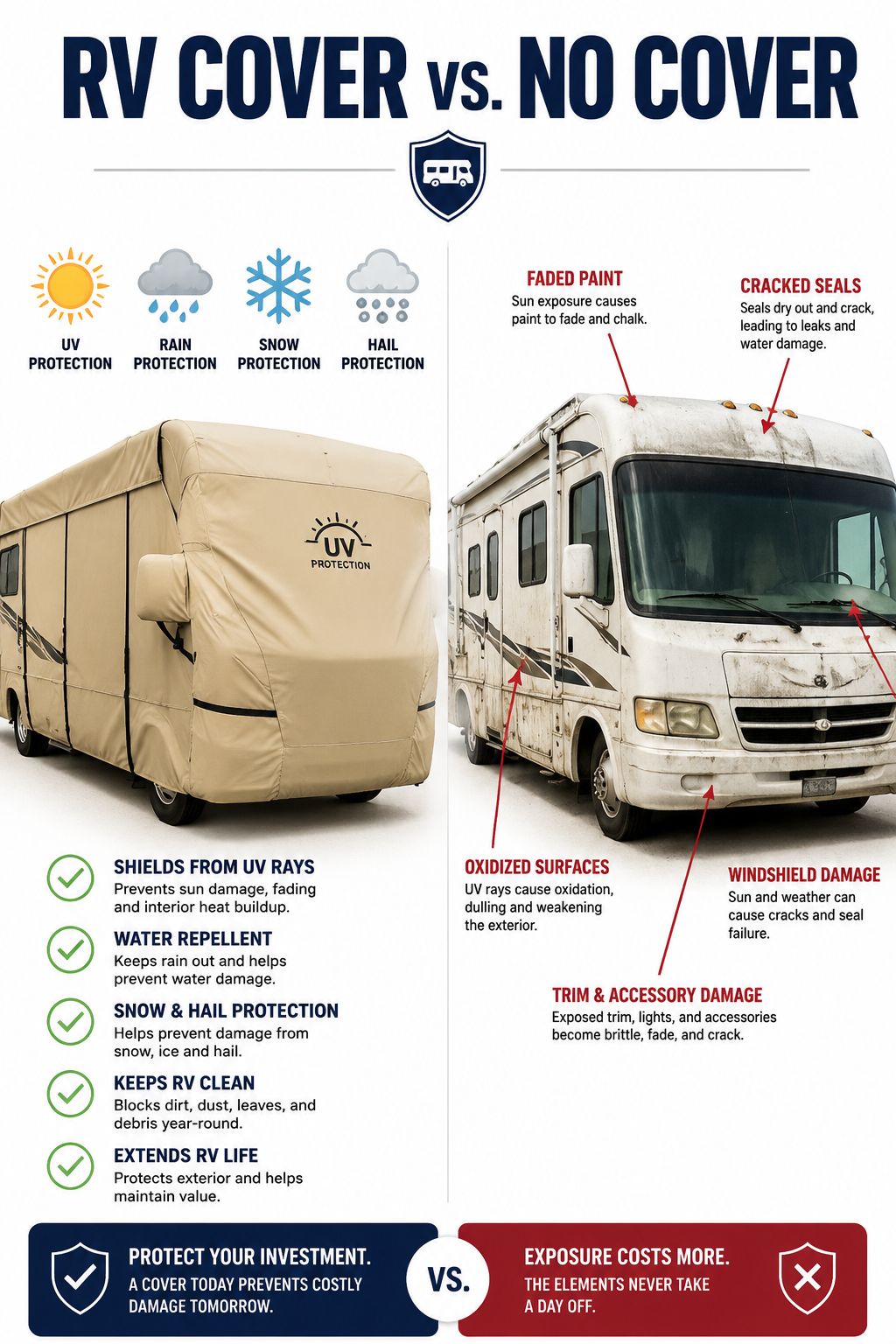 Portrait/Pinterest format () detailed infographic-style editorial image showing side-by-side comparison of two RVs: one