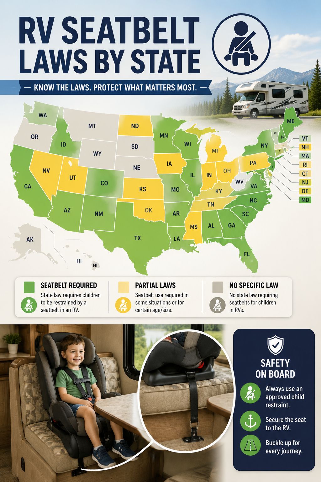 Portrait/Pinterest format () detailed infographic-style illustration showing a US map with color-coded states indicating RV