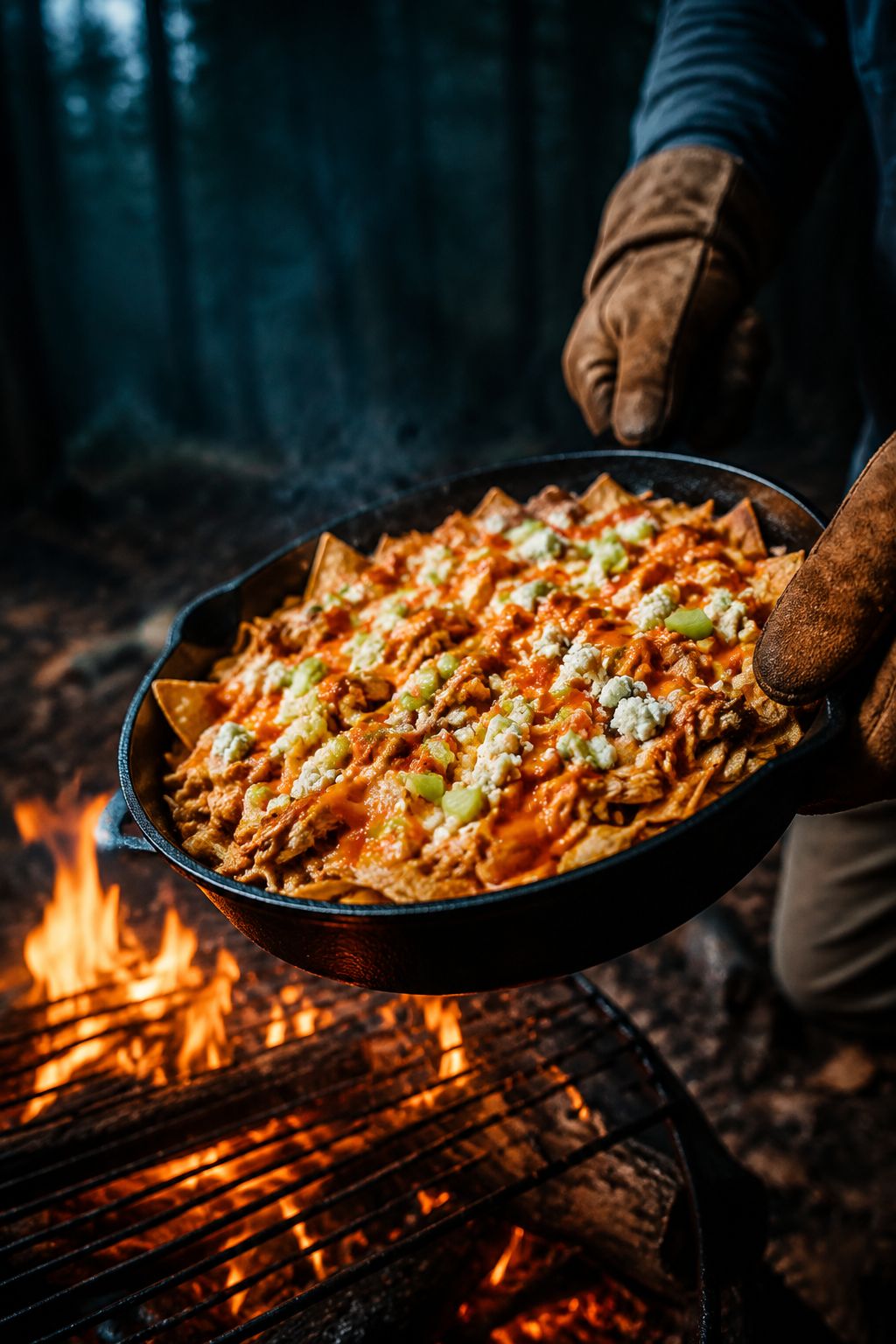 Portrait/Pinterest format () dramatic 45-degree angle shot of buffalo chicken campfire nachos in a deep cast iron skillet