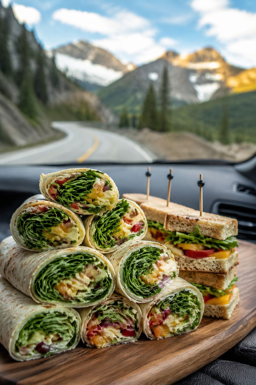 Portrait/Pinterest format () dramatic close-up of sliced pinwheel wraps and mini sandwiches stacked on a wooden board inside