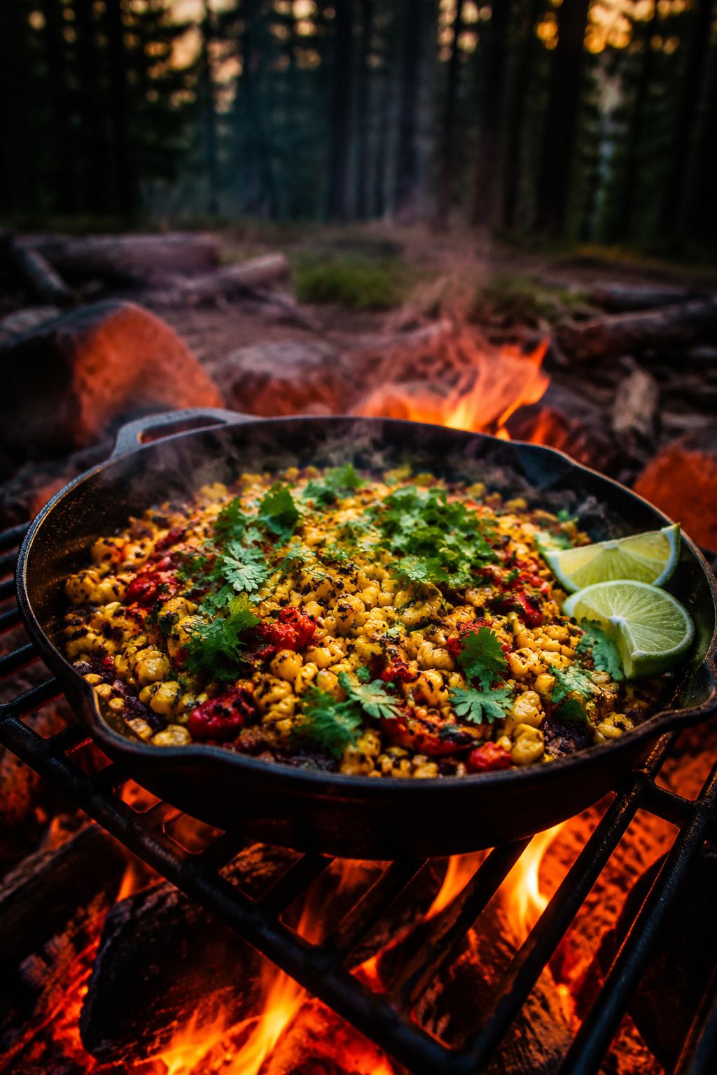 Portrait/Pinterest format () dramatic low-angle shot of a cast iron skillet on a campfire grate filled with golden roasted