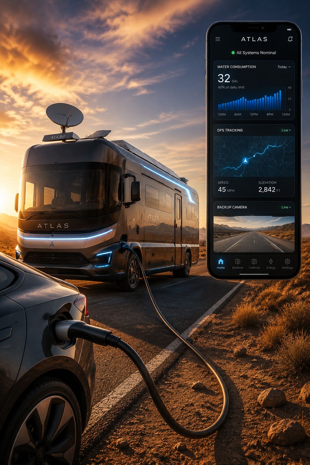 Portrait/Pinterest format () dramatic outdoor scene showing a futuristic electric rec vehicle on a remote desert highway at