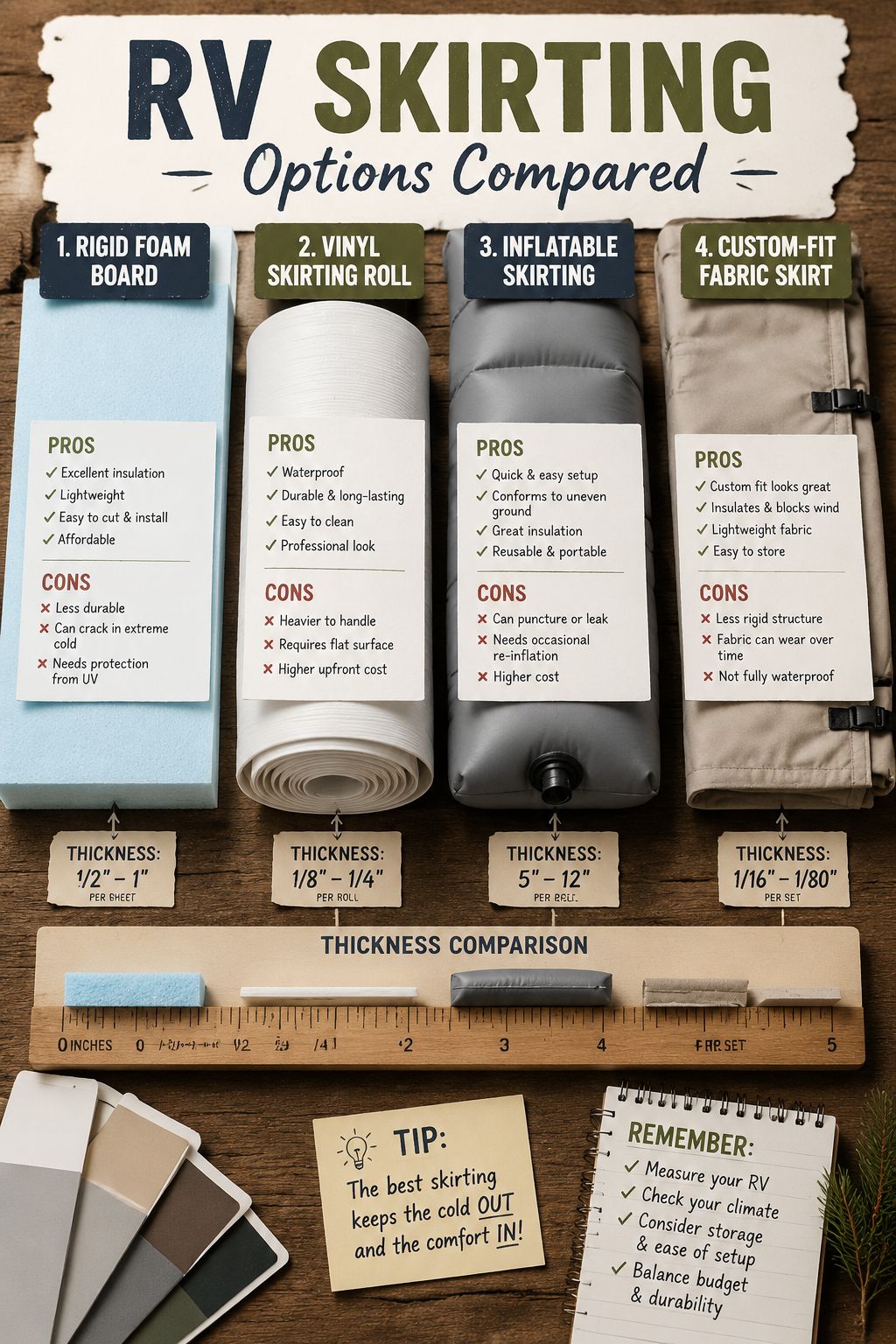 Portrait/Pinterest format () editorial flat-lay comparison image showing four different types of RV skirting materials