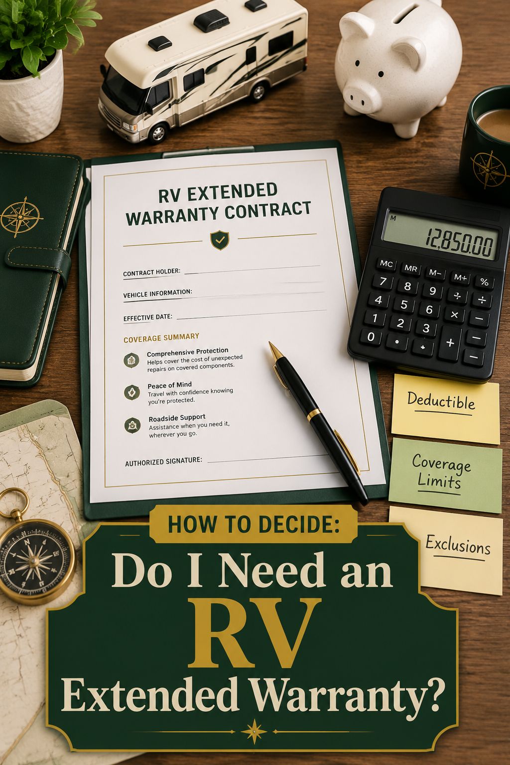 Portrait/Pinterest format () editorial flat-lay style image showing a wooden desk surface with an RV extended warranty