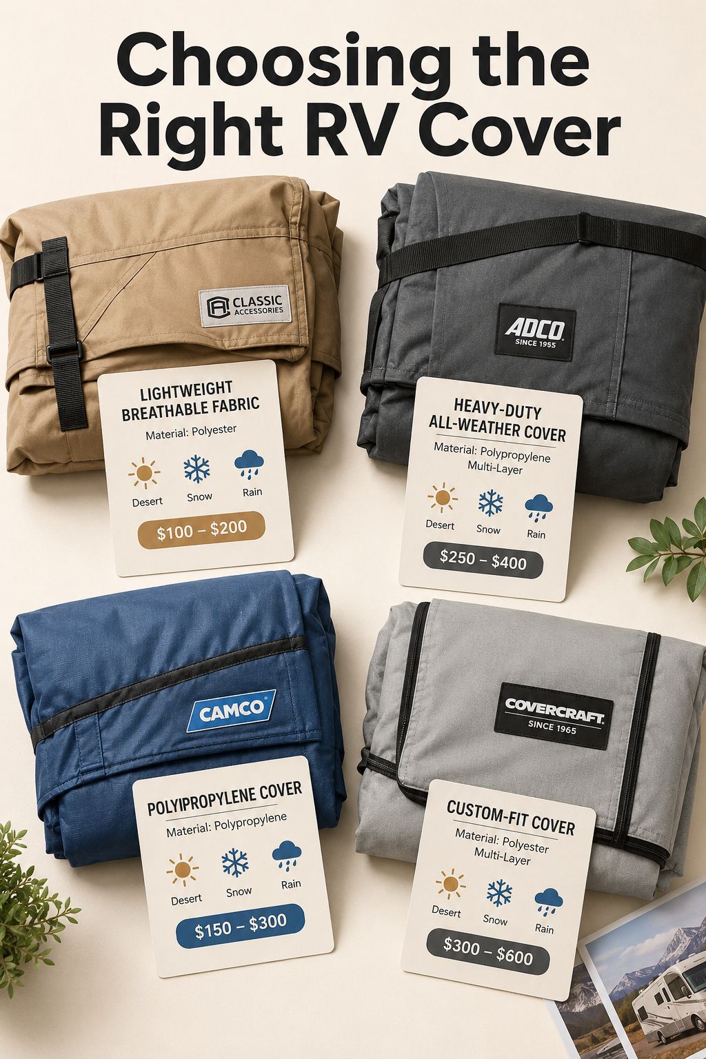 Portrait/Pinterest format () editorial flat-lay style image showing an organized selection of RV cover types spread out on a