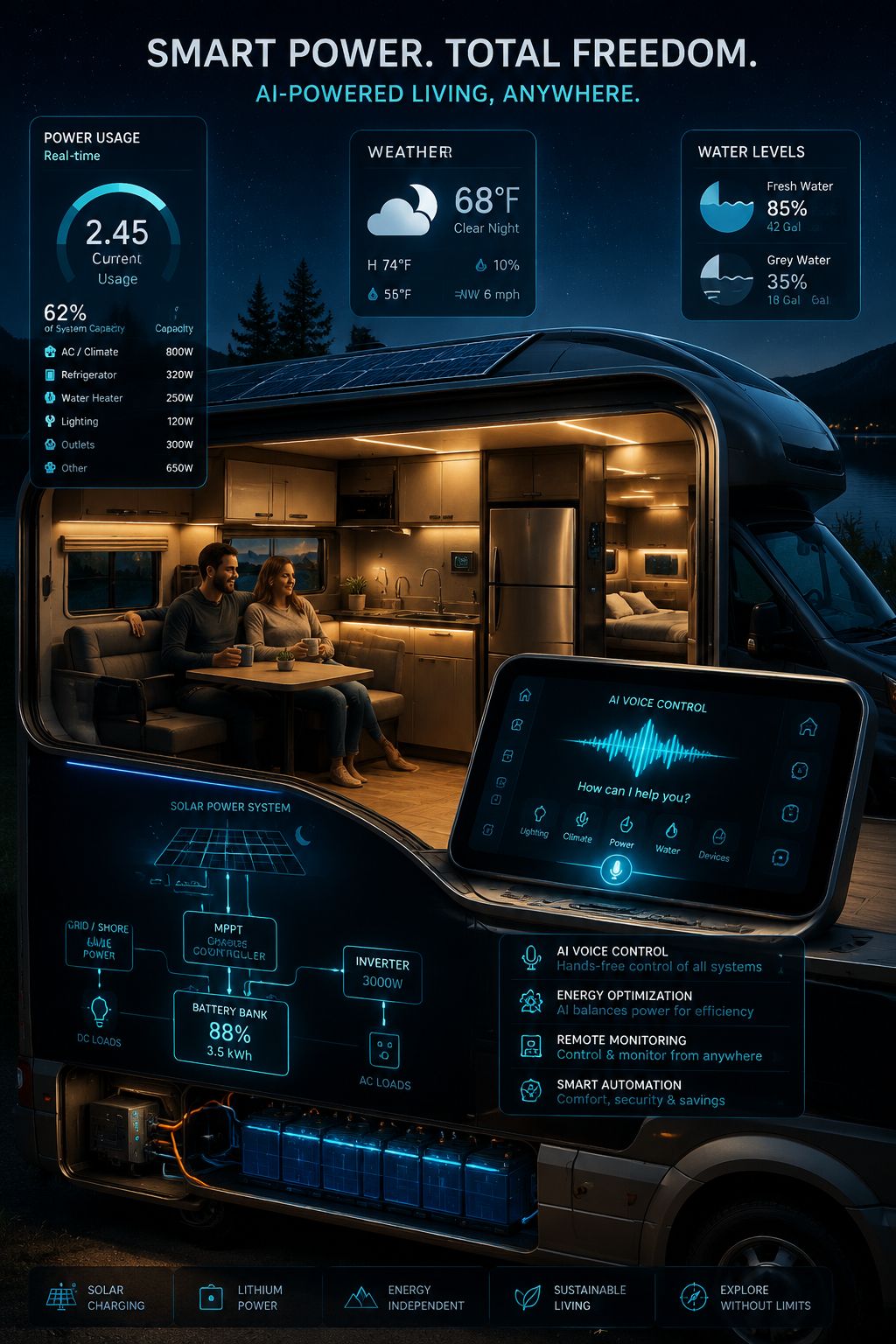 Portrait/Pinterest format () editorial illustration showing a cutaway cross-section view of a smart rec vehicle interior at
