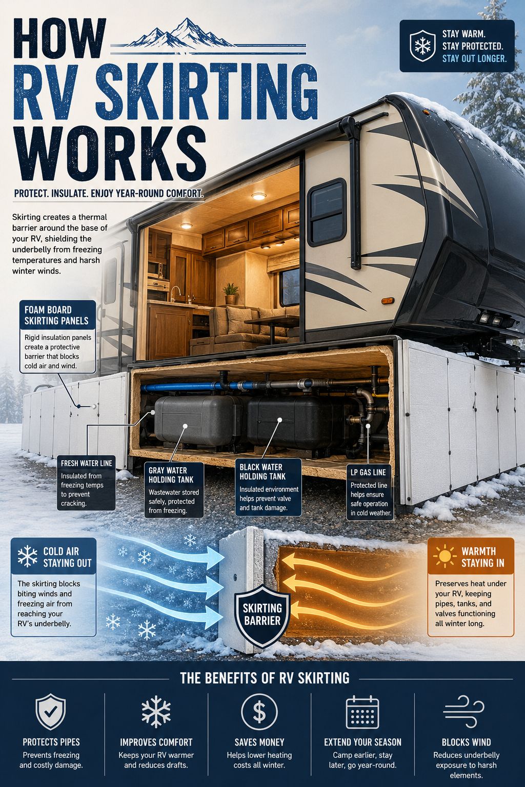 Portrait/Pinterest format () editorial illustration showing a detailed cross-section cutaway diagram of an RV with foam