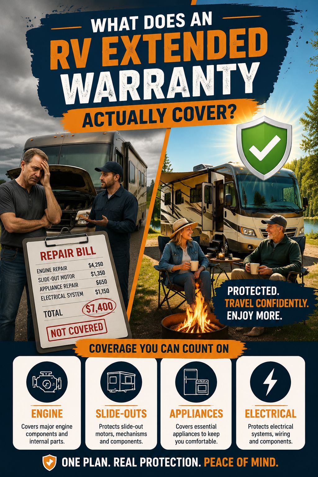 Portrait/Pinterest format () editorial illustration showing a split-scene comparison: left side depicts a stressed RV owner