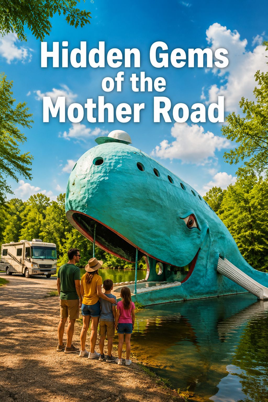 Portrait/Pinterest format () editorial image of the Blue Whale of Catoosa roadside attraction in Oklahoma, a giant smiling