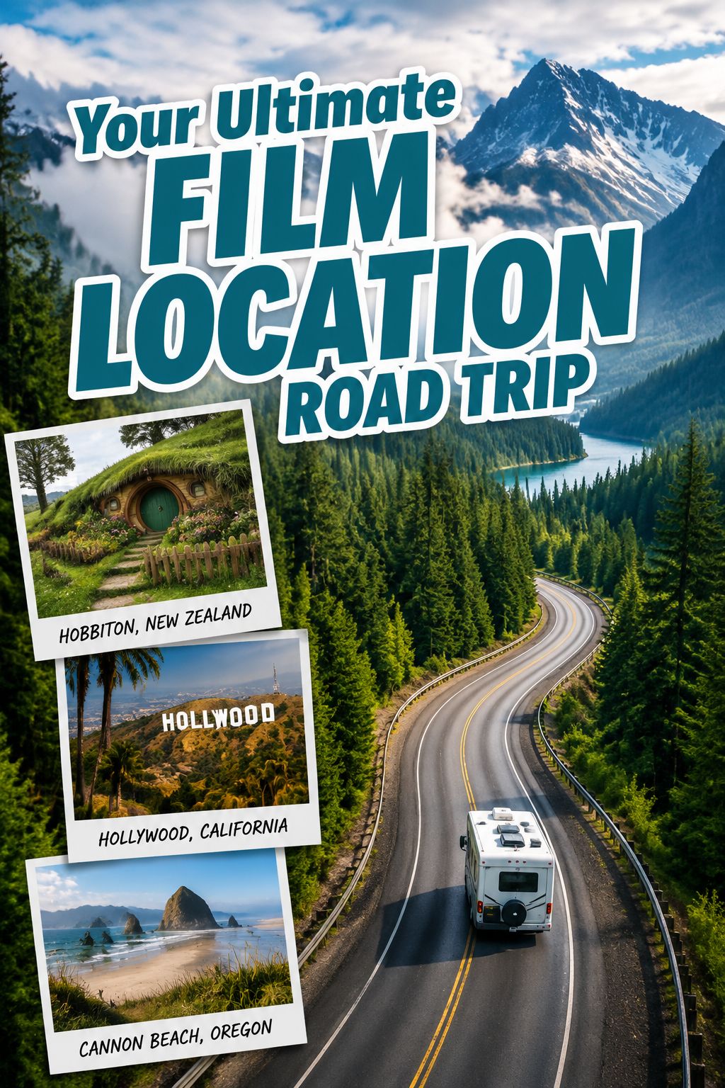 Portrait/Pinterest format () editorial image showing a bird's-eye aerial view of a winding scenic highway cutting through
