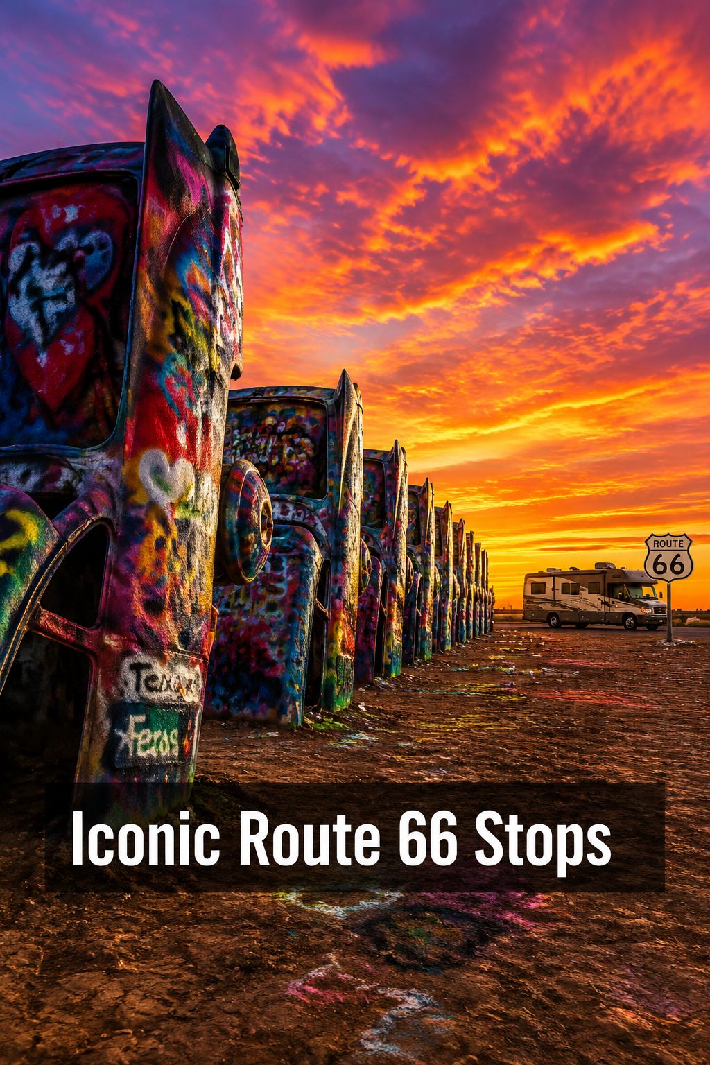 Portrait/Pinterest format () editorial image showing the famous Cadillac Ranch art installation in Amarillo Texas at golden