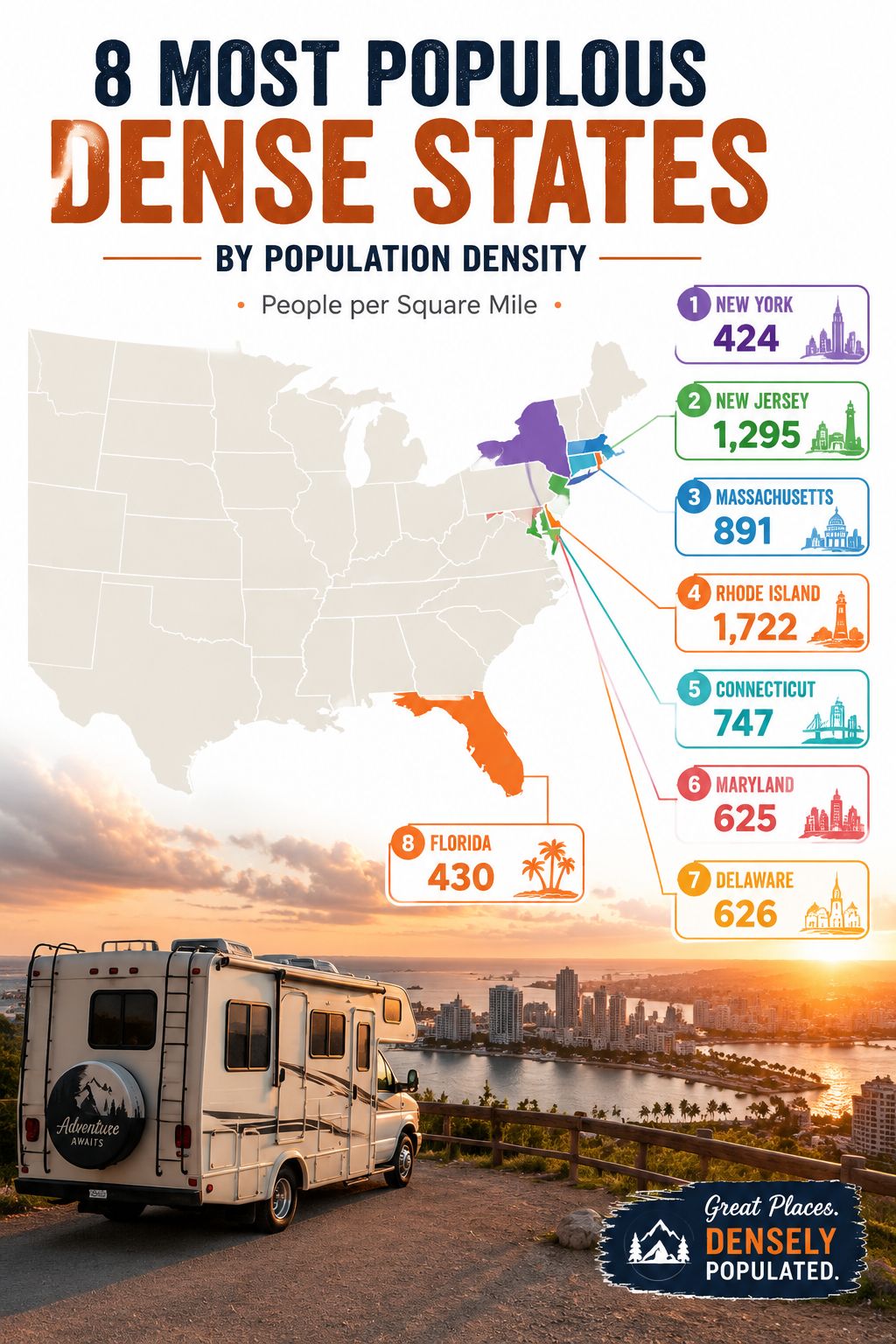 Portrait/Pinterest format () editorial infographic illustration showing a US map with eight highlighted states color-coded