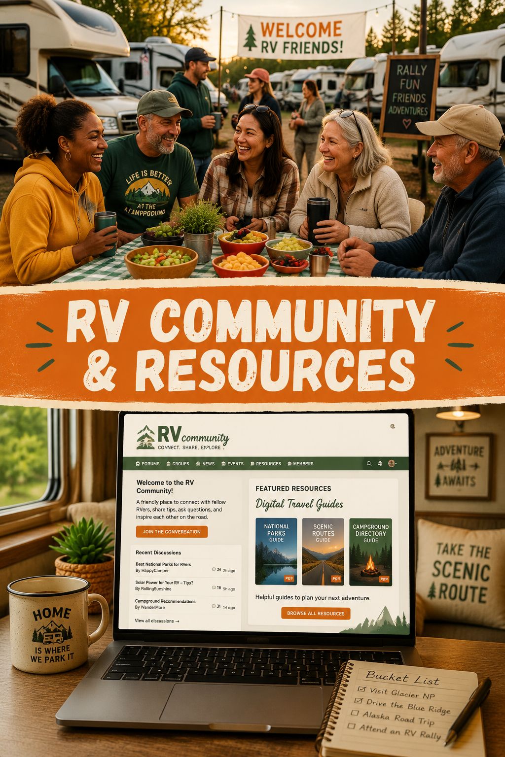Portrait/Pinterest format () featuring a friendly split-scene infographic: top half shows a smiling diverse group of RV