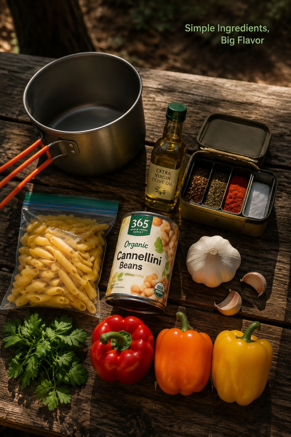 Portrait/Pinterest format () flat-lay overhead shot of essential one-pot camping meal ingredients arranged on a rustic