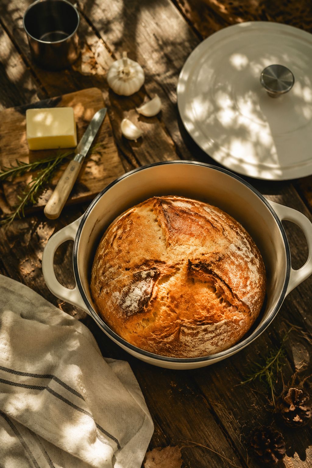 Portrait/Pinterest format () flat-lay top-down composition on a wooden picnic table showing Dutch oven bread loaf freshly