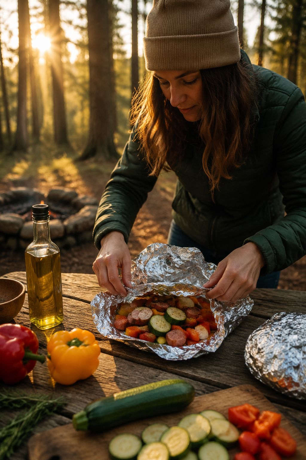 Portrait/Pinterest format () image showing a camp cook wrapping foil packets stuffed with colorful vegetables and sausage