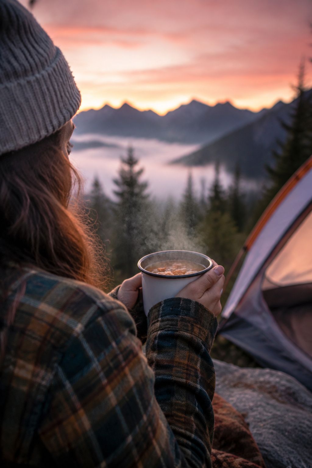 Portrait/Pinterest format () image showing a camper holding a steaming enamel mug of soup beside a tent at sunrise, misty