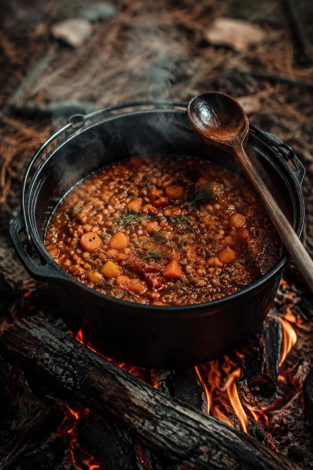 Portrait/Pinterest format () image showing a close-up of a steaming black cast iron pot over a campfire with a hearty lentil
