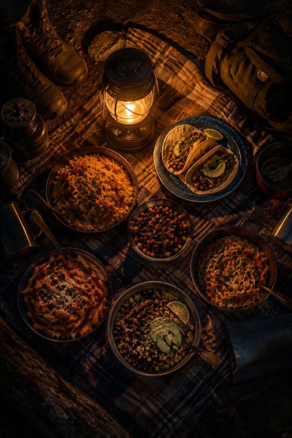 Portrait/Pinterest format () image showing a dramatic top-down view of a campsite dinner spread at night illuminated by