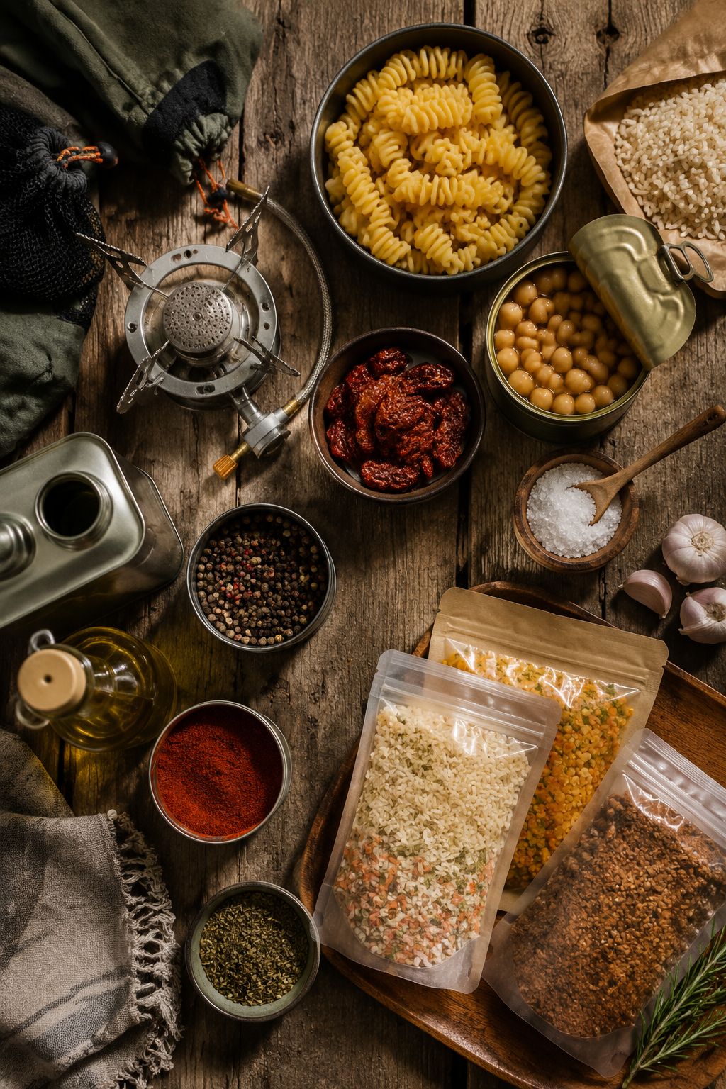 Portrait/Pinterest format () image showing a flat lay overhead shot of non-perishable camping pantry staples arranged