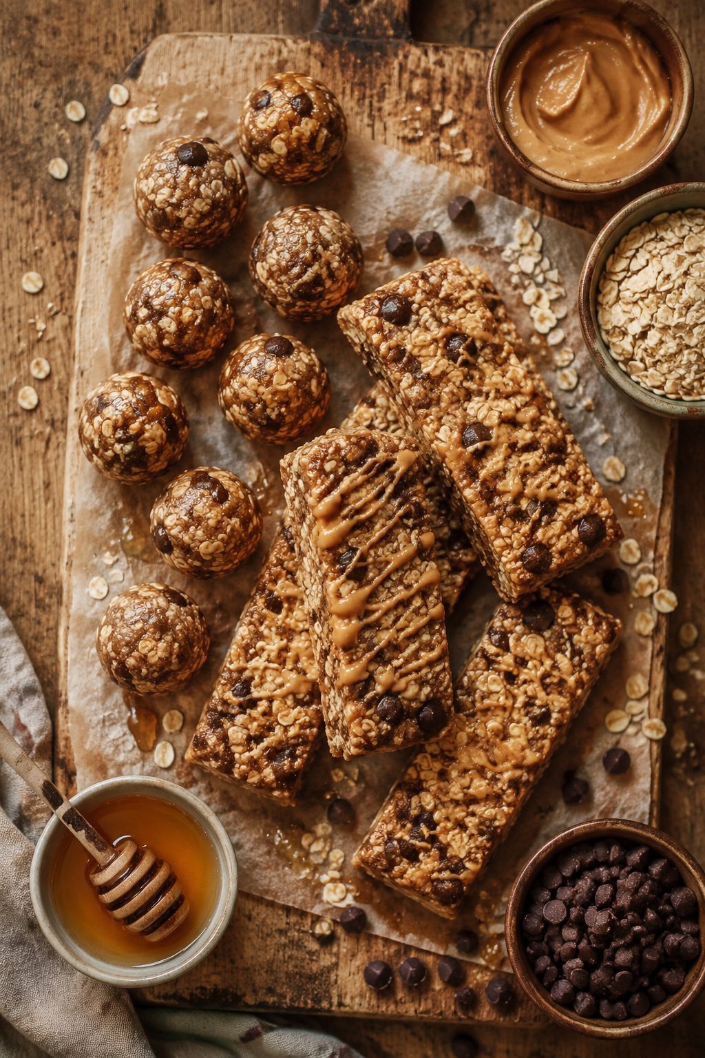 Portrait/Pinterest format () overhead flat-lay of homemade no-bake energy balls and granola bars arranged on parchment paper