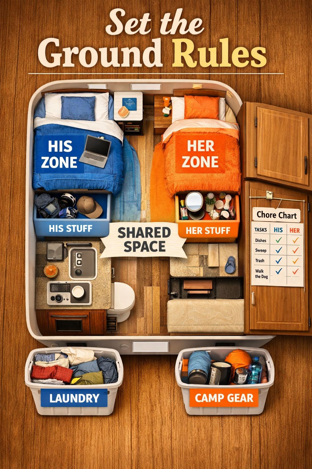 Portrait/Pinterest format () showing a bird's-eye overhead view of a tiny RV floor plan layout with color-coded personal