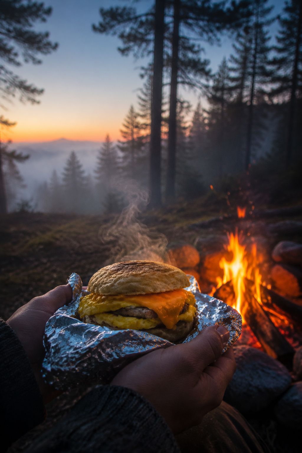 Portrait/Pinterest format () showing a camper's hands holding a warm breakfast sandwich wrapped in foil beside a glowing